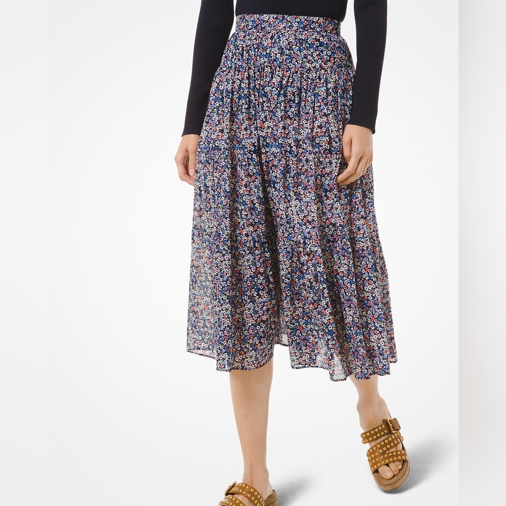 Michael Kors Ditsy Floral Cotton Lawn Tiered Broomstick Midi A-Line Skirt